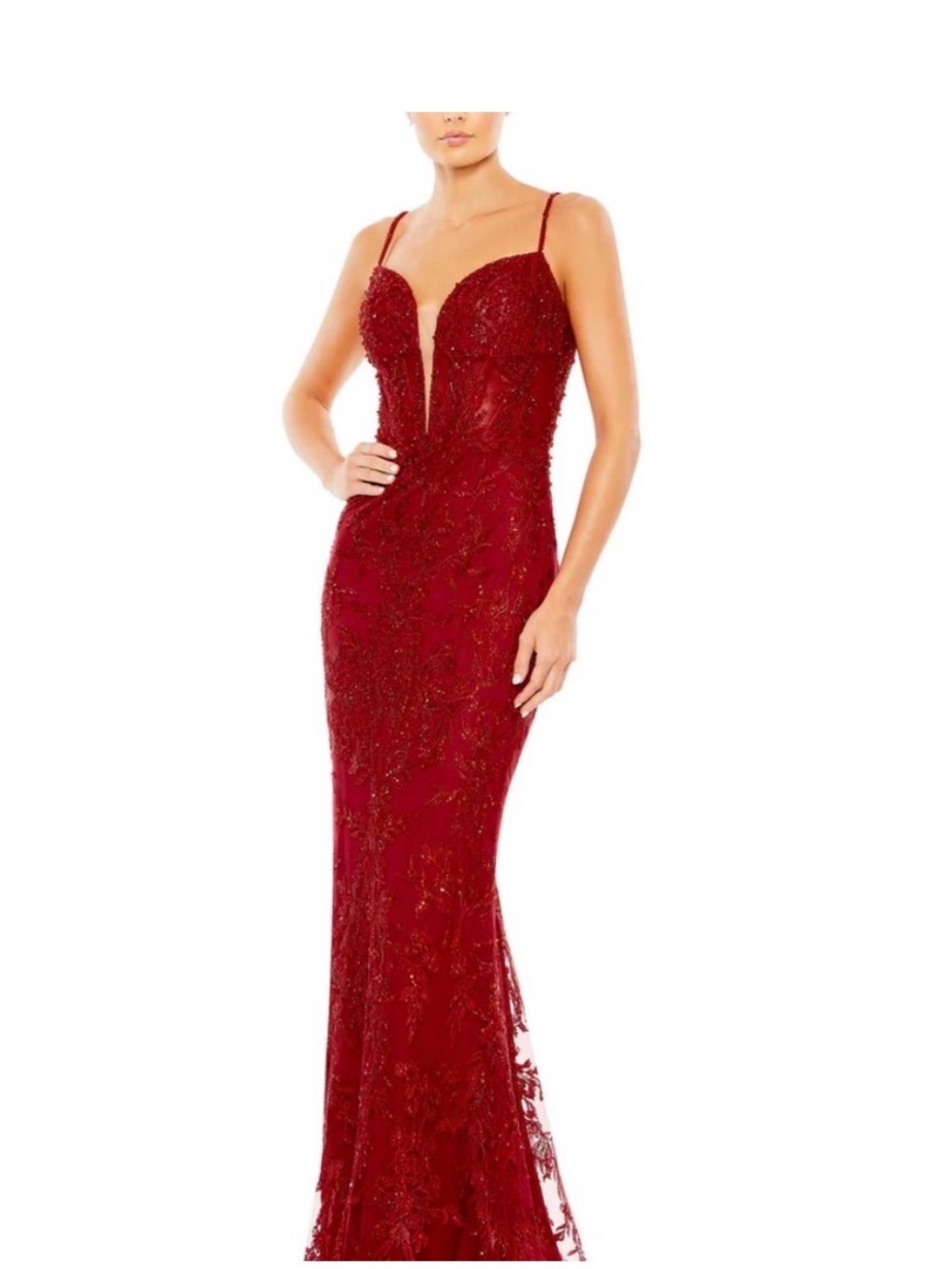 New MAC DUGGAL EMBELLISHED PLUNGE NECK ILLUSION MERMAID GOWN 20330 RED Sz 16